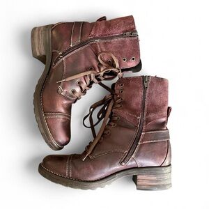 Taos Brown Oxblood Leather Suede Combat Moto Lace Up Boots